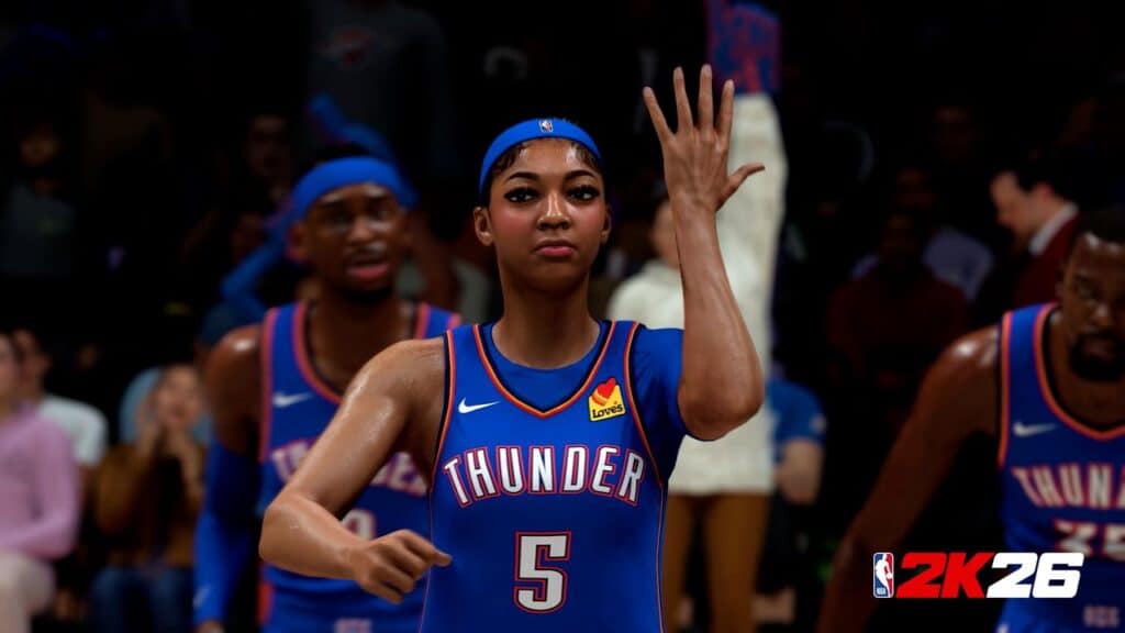 Angel Reese in a Thunder jersey celebrates a clutch shot in the NBA 2K26 video game.