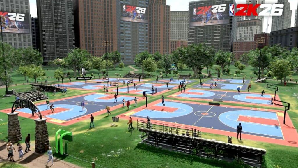 Multiple outdoor basketball courts in a city park with people playing; the NBA 2K26 logo appears in the corner, capturing the spirit of streetball and competitive play.