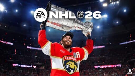A hockey player in a Panthers jersey lifts the Stanley Cup under the NHL 26 and EA Sports logos.