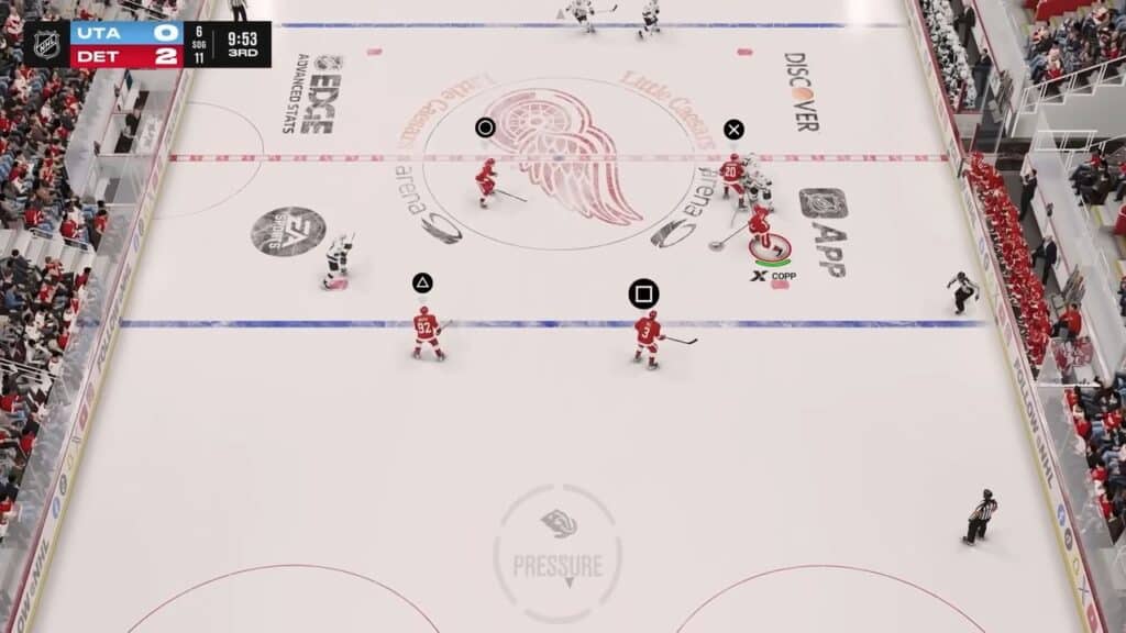 A hockey video game screen shows Detroit leading Utah 2-0 in the 3rd period, with players in red and white on the ice in NHL 26.