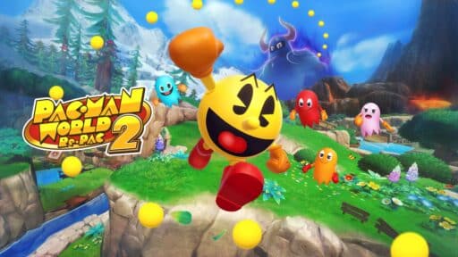 Pac-Man leaps joyfully on a grassy island in Pac-Man World 2: Re-Pac, surrounded by colorful ghosts and yellow pellets, with the game logo shining brightly.