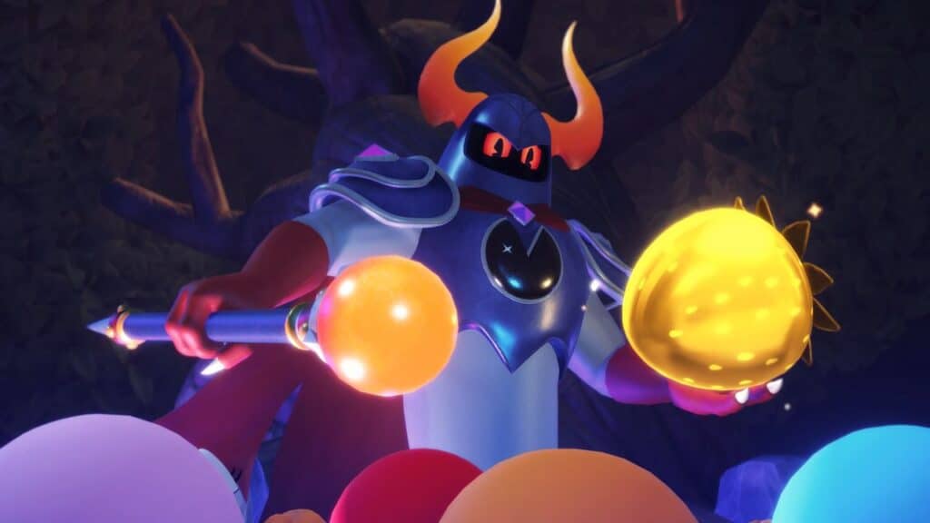 A dark armored figure with orange horns holds a glowing staff and a golden fruit among colorful orbs, evoking the vibrant energy of Pac-Man World 2: Re-Pac.