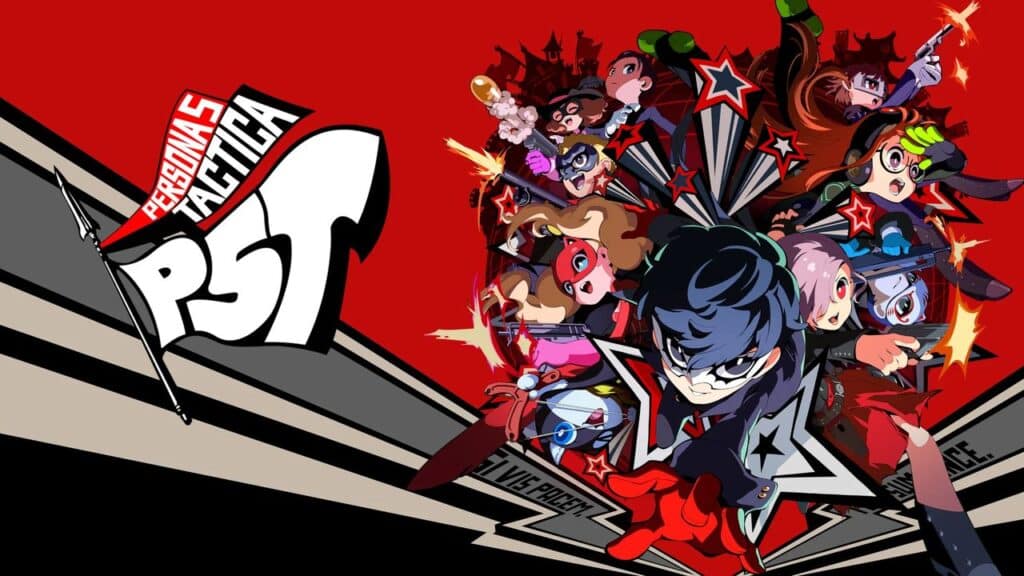 Stylized characters from Persona 5 Tactica in action poses on a bold red, black, and white background as one of the PlayStation Plus September 2025 games.