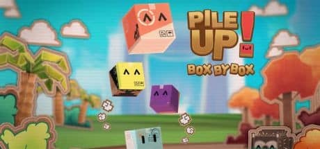 Four colorful, smiling box characters stack under the "Pile Up! Box by Box" game logo in a cartoon forest scene.