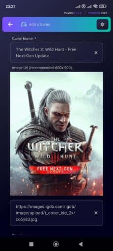 A PlayDex Beta game upload screen featuring The Witcher 3: Wild Hunt - Free Next-Gen Update cover art with Geralt.
