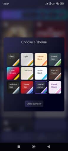 A mobile screen shows the PlayDex Beta theme selection menu with twelve colorful theme options and a “Close Window” button.