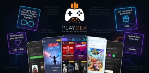 PlayDEX Beta interface showing game collections, wish lists, and key redemption options, with popular games displayed.