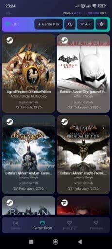 Mobile screen displaying a PlayDex Beta list of game keys, including Age of Empires and several Batman titles with expiration dates.