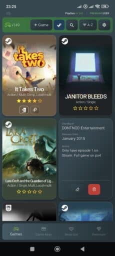 A mobile app screen shows the PlayDex Beta game library featuring titles like It Takes Two, Janitor Bleeds, and Lara Croft.