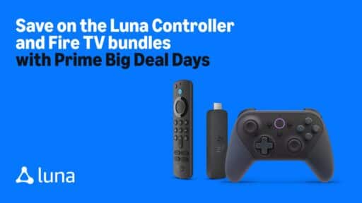 Luna controller, Fire TV remote, and Fire TV Stick on blue background with Prime Big Deal Days 2025 sale text.