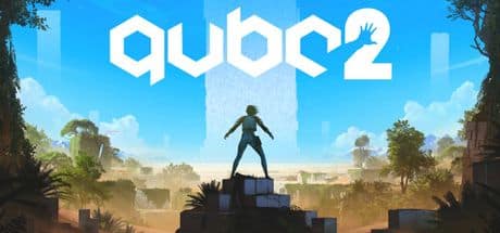 Silhouette of a person standing on blocks with "QUBE 2" logo above, set in a lush, ruined landscape.