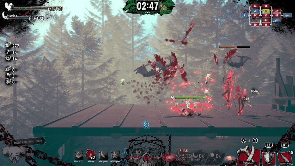 A video game scene shows red, monstrous enemies attacking on a platform in a forested area under a timer, reminiscent of the intense action highlighted in many Hotel Barcelona review discussions.