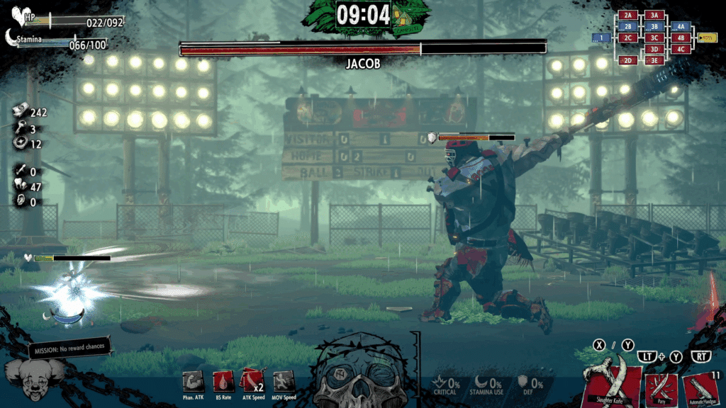 A video game battle scene shows a small fighter facing a large, armored enemy named Jacob on a rainy field, reminiscent of the intense confrontations described in a recent hotel barcelona review.