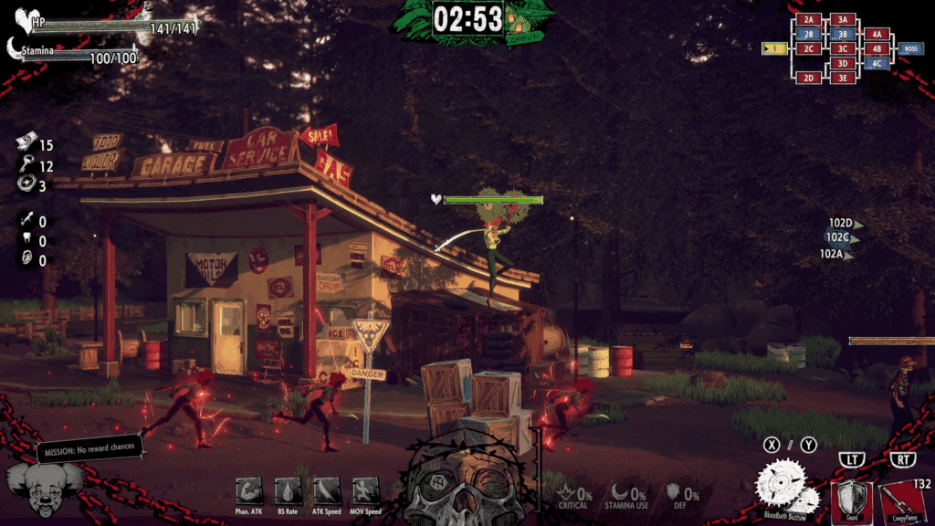 A video game scene with characters battling near a garage, surrounded by trees, crates, and red glowing effects—perfect for those seeking Hotel Barcelona review vibes.