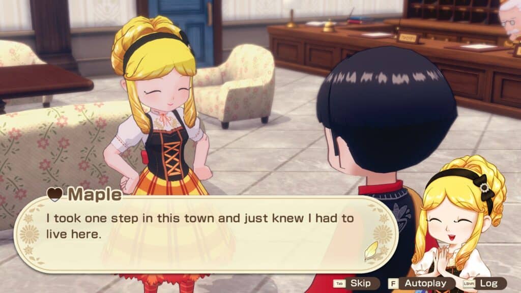 A cheerful character named Maple from 'Story of Seasons: Grand Bazaar' interacts with another person, expressing her excitement about living in Zephyr Town.