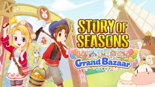 Two animated farmers stand with animals and crops near a barn. Text: "Story of Seasons: Grand Bazaar Review.