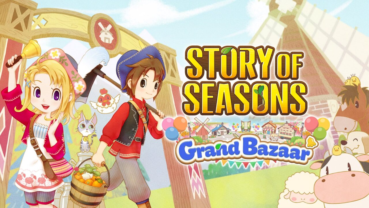 Two animated farmers stand with animals and crops near a barn. Text: "Story of Seasons: Grand Bazaar Review.