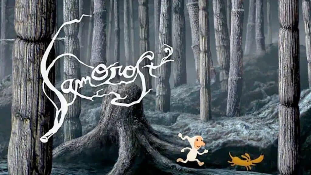 A cartoon child and dog run through a dark, dense forest with stylized white text above them, evoking the adventure found in Samorost 2 in Epic Games Store free games.