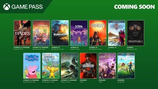 Xbox Game Pass "Coming Soon" titles display, featuring covers for Hades, Octopath Traveler, SOULVARS, and more.
