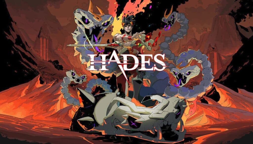 Stylized art of a warrior with a sword, surrounded by serpents, with "Hades" text over a fiery background—part of the Xbox Game Pass September 2025 Games Wave 2 lineup.