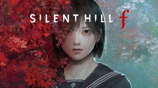 A girl in a school uniform stands surrounded by flowers, beneath the haunting title "Silent Hill f", evoking an eerie yet beautiful atmosphere.