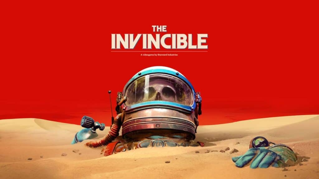 A spacesuit helmet and glove emerge from sand under a red sky with "The Invincible" text above as one of the PlayStation Plus September 2025 games.