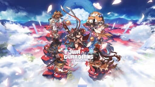 Anime-style characters stand on floating islands above the clouds, with "Towa and the Guardians of the Sacred Tree" featured in bold, magical lettering.