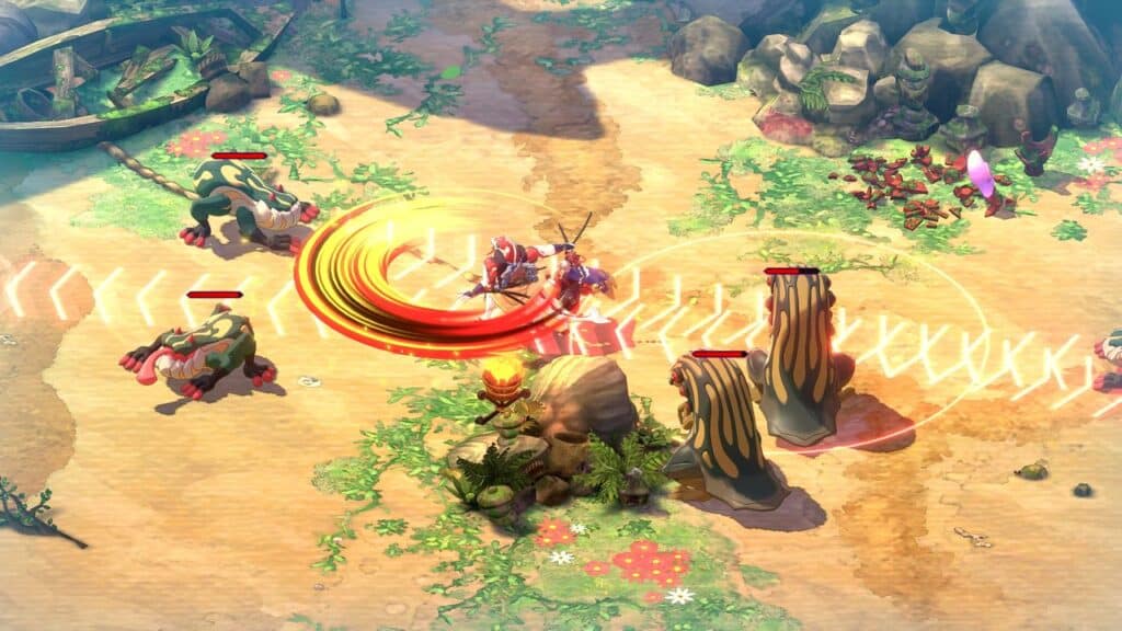 A fantasy warrior from Towa and the Guardians of the Sacred Tree attacks four large monsters on a vibrant, tropical battlefield in a video game scene.