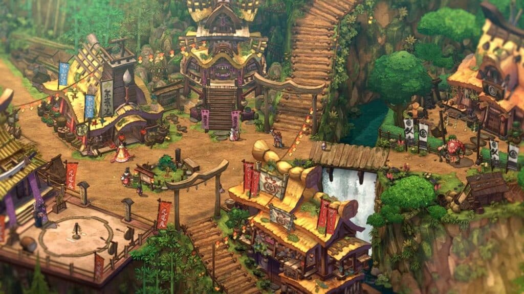 Colorful, detailed village with wooden houses, stairs, bridges, waterfalls, trees, and small animated characters inspired by Towa and the Guardians of the Sacred Tree.