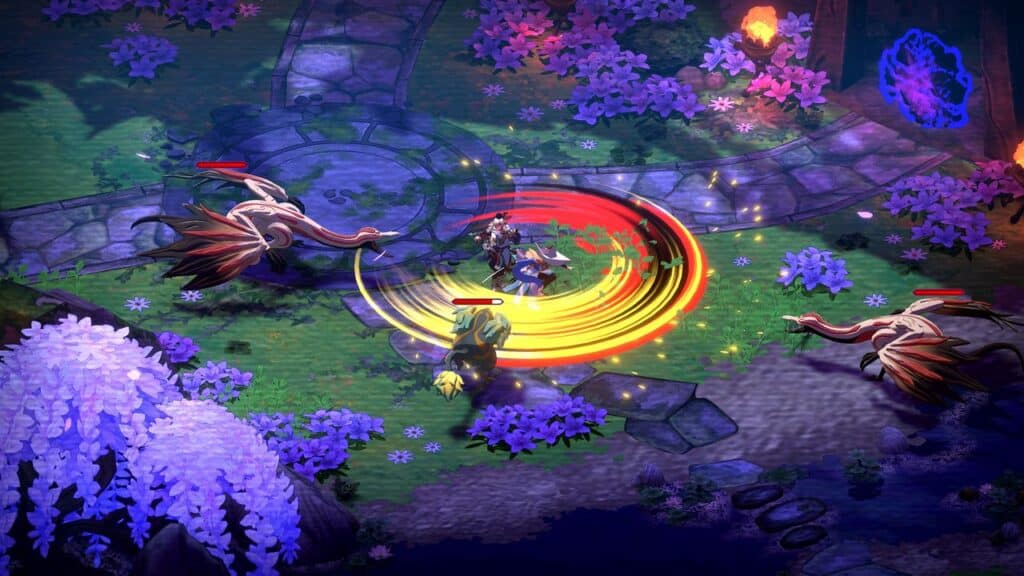 In Towa and the Guardians of the Sacred Tree, a character attacks three bird-like monsters in a colorful, fantasy game environment dotted with purple flowers.