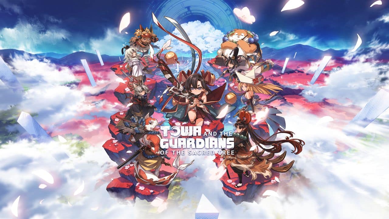 Anime-style characters stand on floating islands above the clouds, with "Towa and the Guardians of the Sacred Tree" featured in bold, magical lettering.