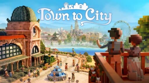 Blocky characters overlook a lively pixelated town square with a fountain and ferris wheel, "Town to City Early Access" text above.
