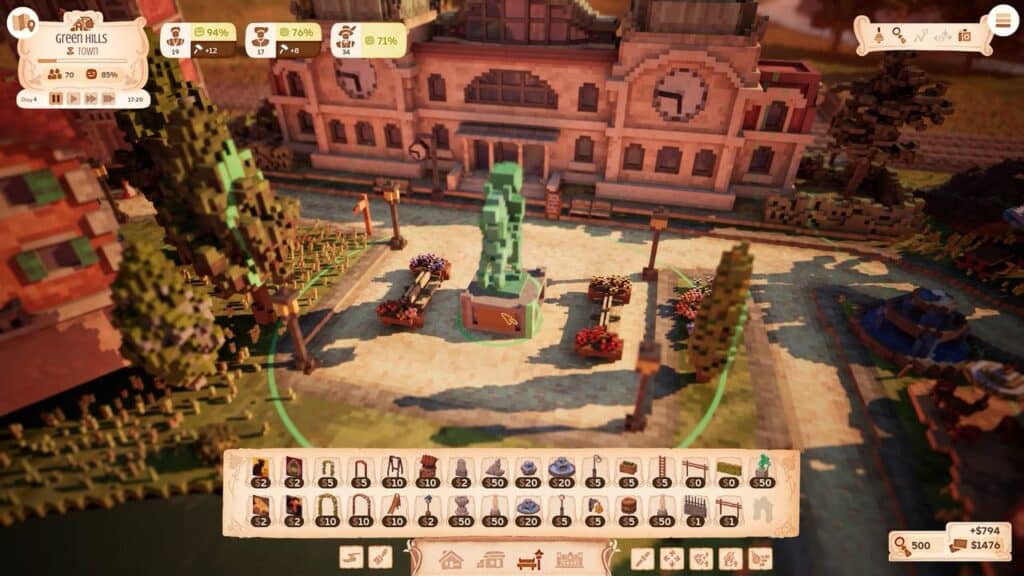 A stylized video game town square from Town to City Early Access, featuring a green statue, benches, trees, and a large building in the background.