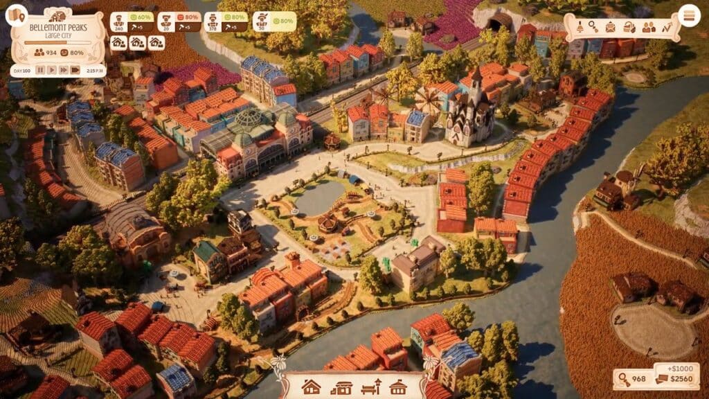 A colorful, isometric Town to City Early Access game interface features vibrant buildings, winding roads, and a river running through the lively town.