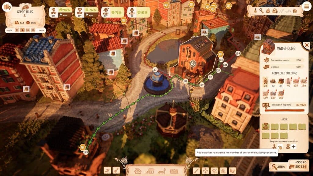A colorful Town to City Early Access game interface shows a quaint village with roads, buildings, and a construction menu.