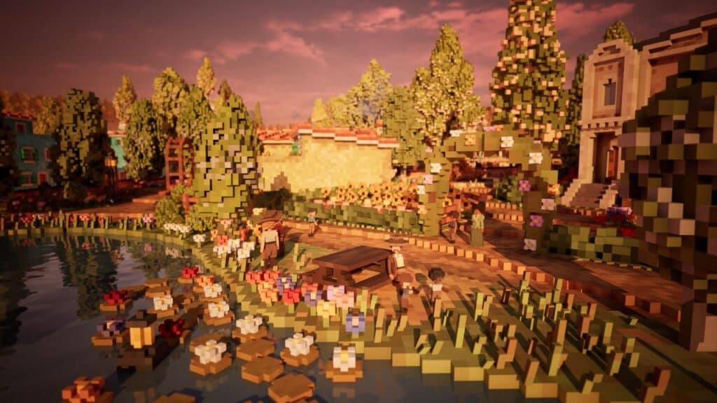 A pixel art garden scene inspired by Town to City Early Access, featuring a pond, flowers, trees, and a house under a pink sky at sunset.