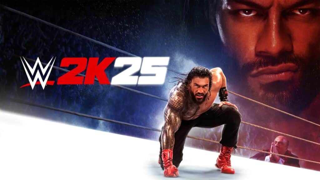 WWE wrestler crouching in a wrestling ring with "WWE 2K25" text and a large face in the background as one of the PlayStation Plus September 2025 games.