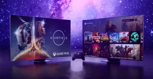 Two screens display Xbox Game Pass games, including Starfield, with a wireless controller between them and a galaxy backdrop, highlighting Xbox Cloud Gaming 1440p for sharp visuals.
