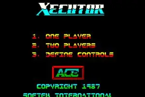 Screenshot of the title screen for 'Xecutor', a 1987 ZX Spectrum game, showing options for one player, two players, and controls. The copyright notice is displayed at the bottom.