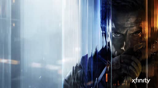 A serious man in tactical gear is shown through blue and orange streaks, highlighting the Call of Duty Black Ops 7 Open Beta, with the xfinity logo at the bottom right.