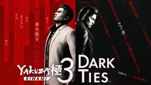 Split image: left side red with Japanese text and monochrome man, right side black with "Yakuza Kiwami 3 Dark Ties" text.
