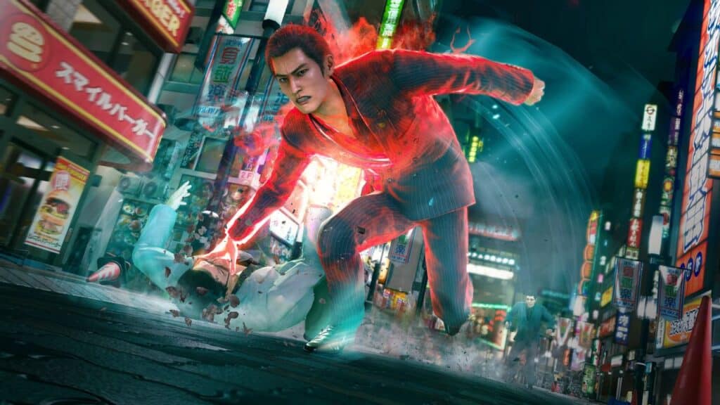 Yoshitaka Mine with glowing energy punches another man in a neon-lit city street at night, in a scene from the upcoming video game Dark Ties.