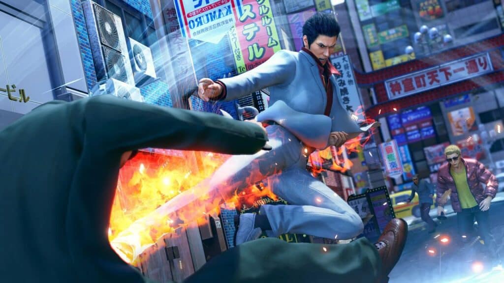 Kazuma Kiryu delivers a fiery kick to an opponent on a busy city street, channeling the intense action of Yakuza Kiwami 3.