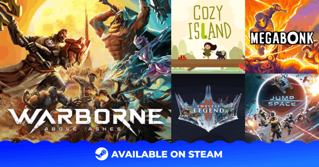 Collage of six video game covers with "AVAILABLE ON STEAM" text and Steam logo at the bottom.
