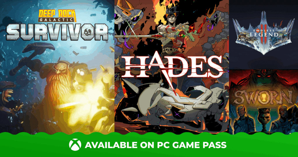 Collage of game covers: Deep Rock Galactic Survivor, Hades, Endless Legend, and Sworn, on PC Game Pass.