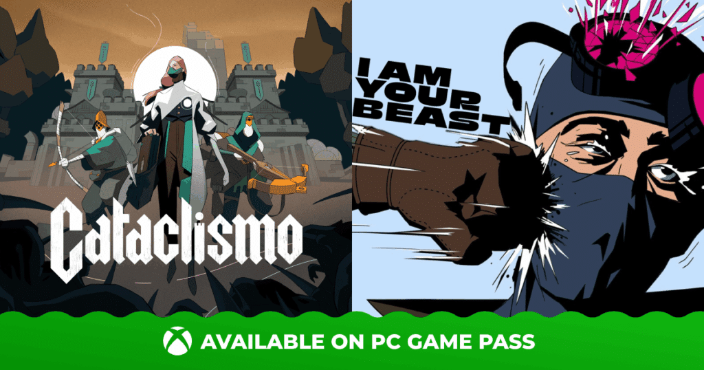 Split image: left shows "Cataclismo" characters, right shows "I Am Your Beast" with a masked face being punched.