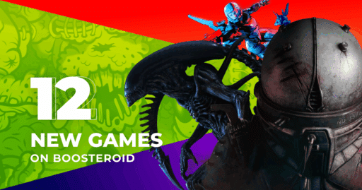 Colorful graphic featuring 12 new games on Boosteroid with sci-fi and fantasy characters, text, and bold background.