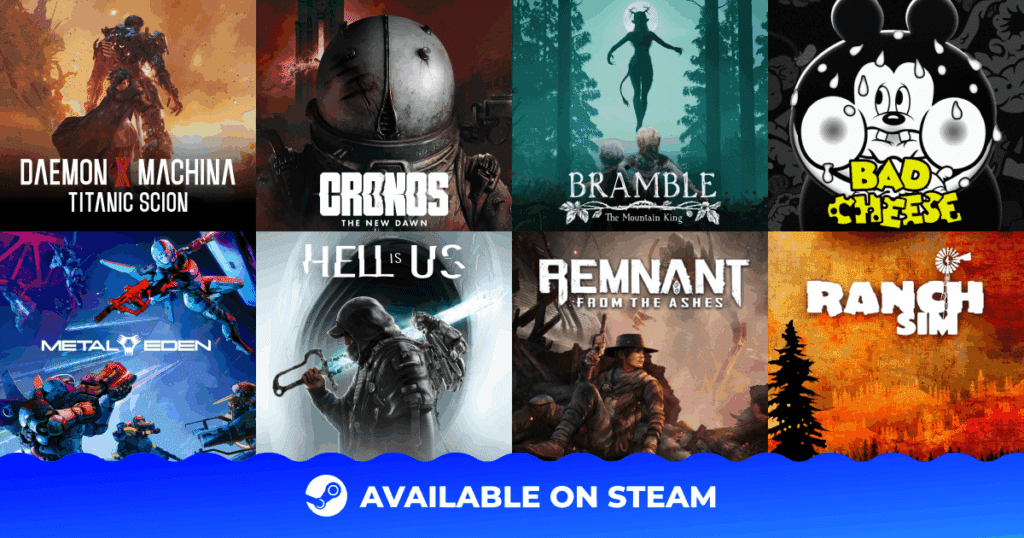 A grid of eight video game covers with "Available on Steam" written at the bottom.