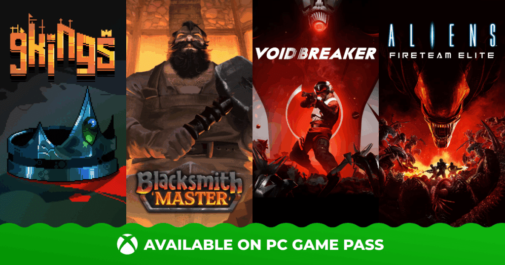 Four PC Game Pass game covers: 9 Kings, Blacksmith Master, Void Breaker, and Aliens: Fireteam Elite.