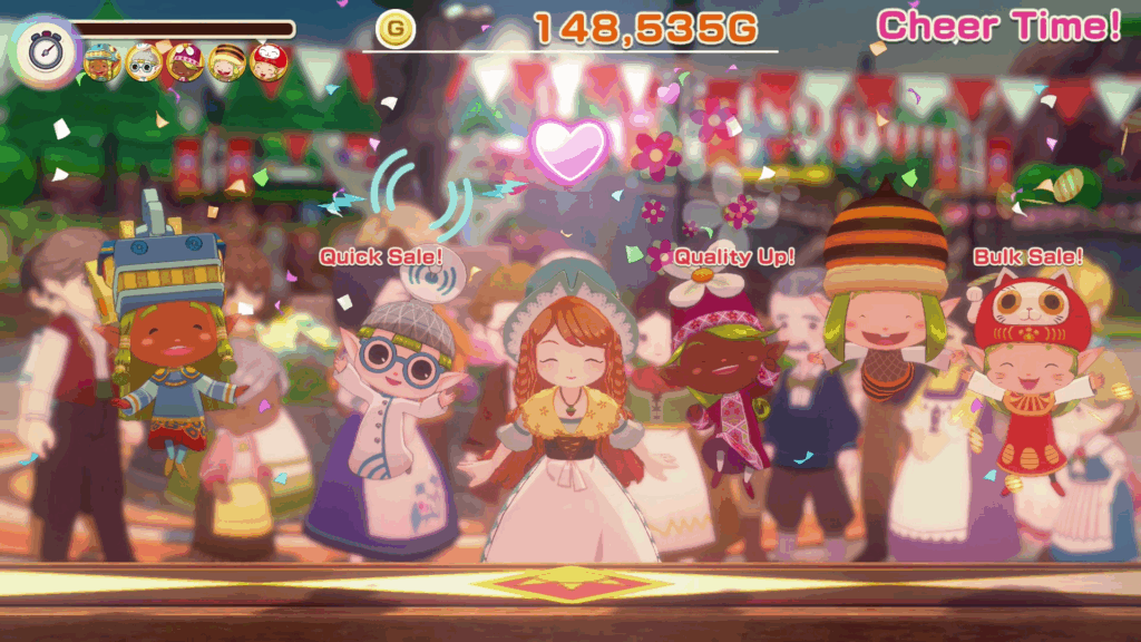 A colorful scene from the game 'Story of Seasons: Grand Bazaar' featuring characters celebrating and engaging with the bazaar activities, surrounded by confetti and cheerful decorations.